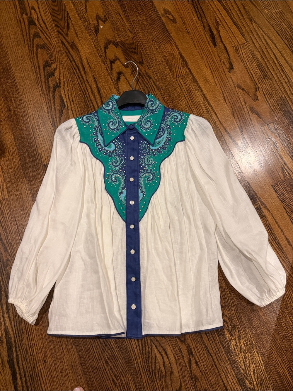 Zimmerman Western Bib Blouse in White and Teal